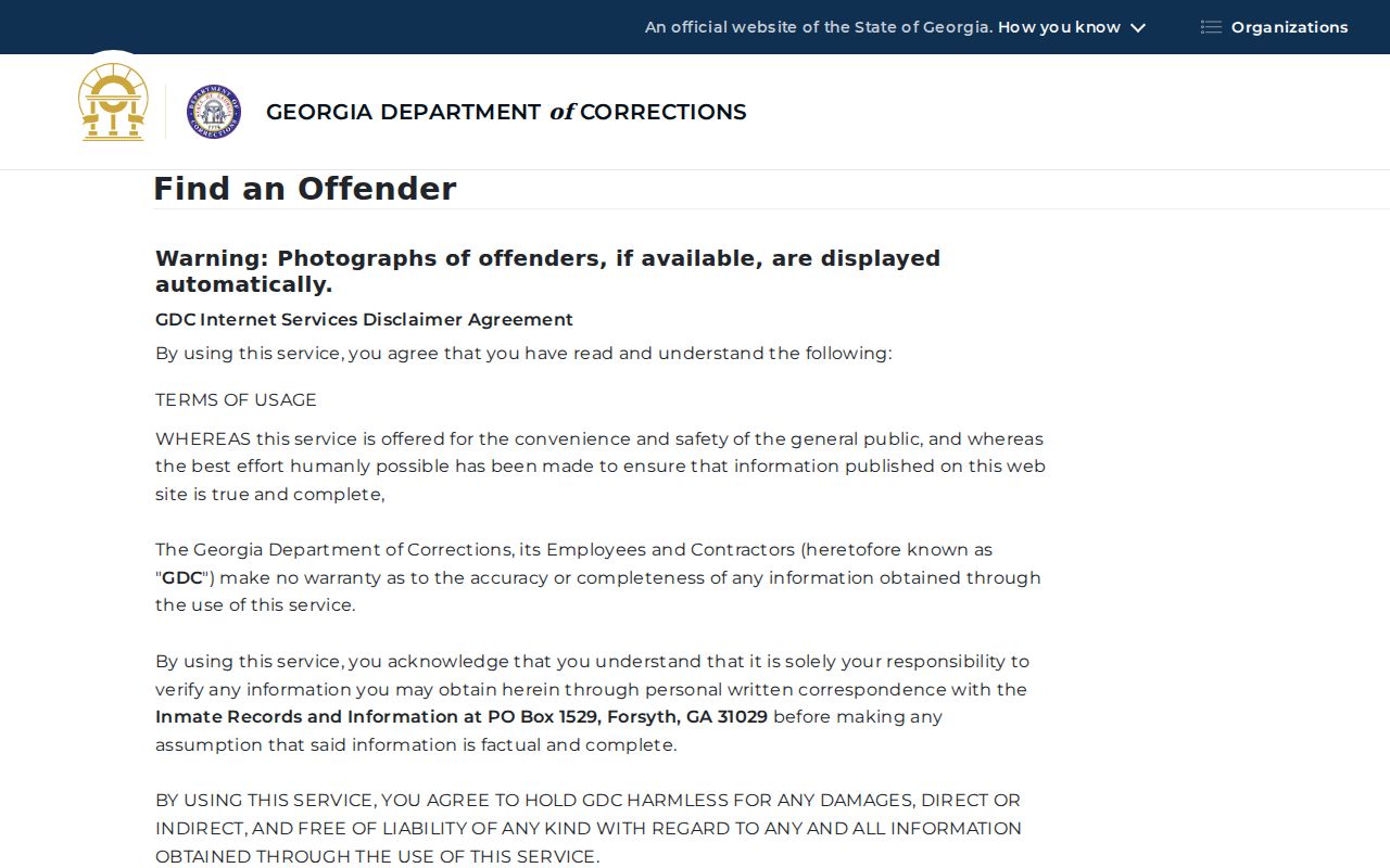 GDC Find an Offender search for post-transfer Georgia custody